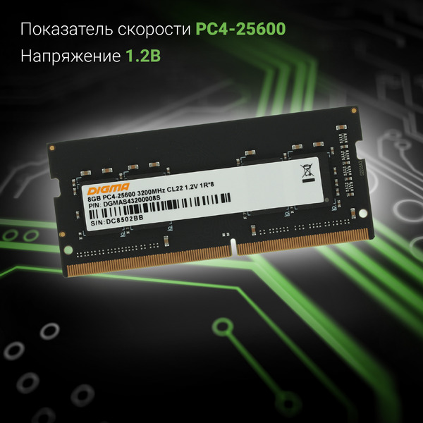 Оперативная память Digma 8ГБ DDR4 SODIMM 3200 МГц DGMAS43200008S