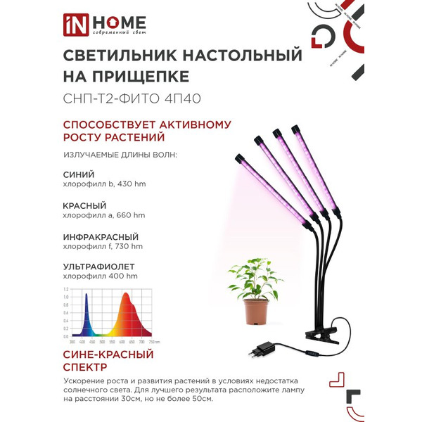 Светильник настольный на прищепке светодиодный IN HOME СНП-Т2-ФИТО 4П40 (4690612053554)