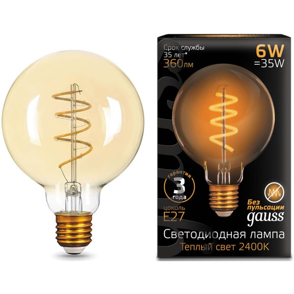Лампа Gauss LED Filament G95 Flexible 6W E27 Golden 360Lm 2400K 105802007