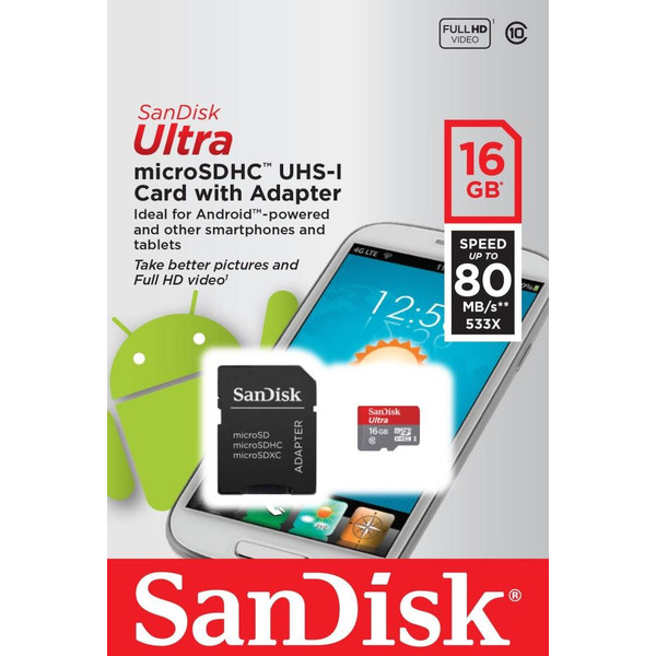 Карта памяти SANDISK microSDHC 16GB 10 CL, UHS-I c адаптером (SDSQUNC-016G-GN6MA)