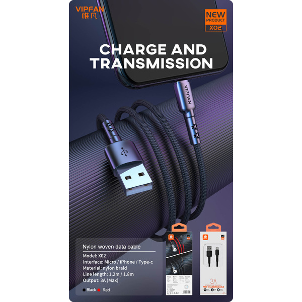 Кабель VIPFAN X02 USB-Lightning 3A 1.2 м (черный)