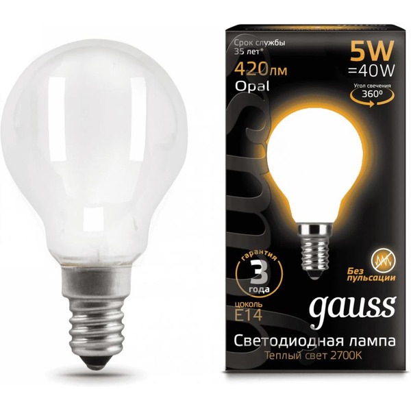 Лампа Gauss LED Filament Globe OPAL/milky 5W E14 2700K 05201105