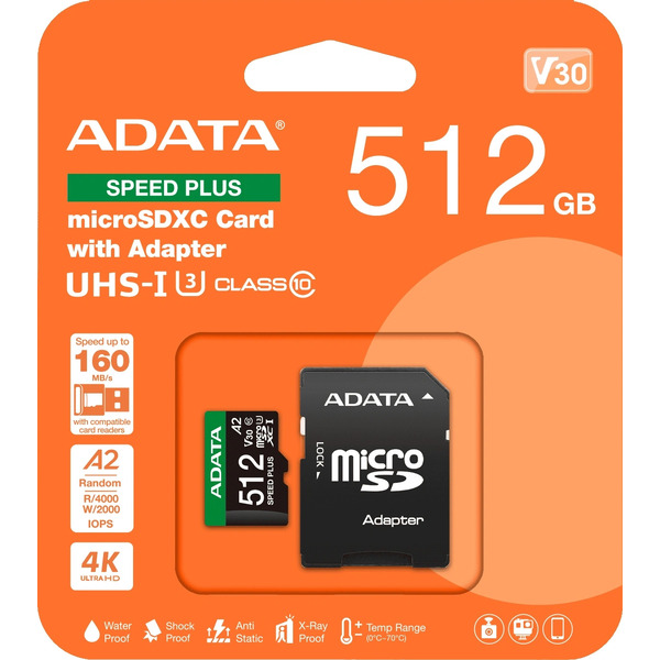 Карта памяти ADATA SPEED PLUS microSDXC 512GB UD512GUI3V30A2SP-RA1 (с адаптером)