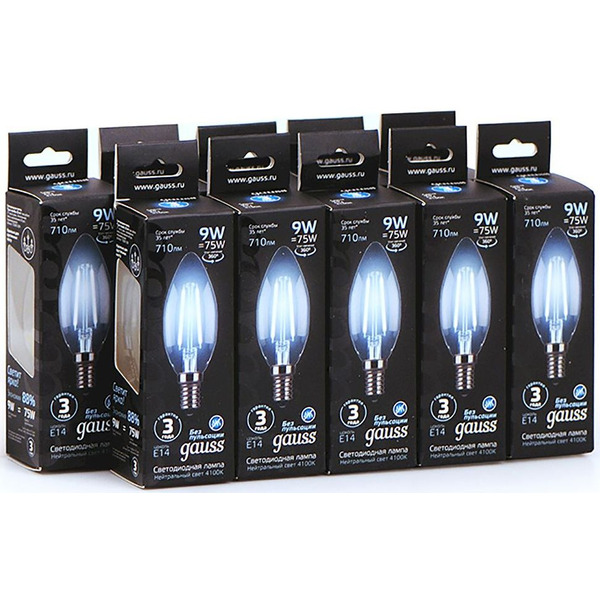 Лампа светодиодная филаментная GAUSS C37 9W 4100K E14