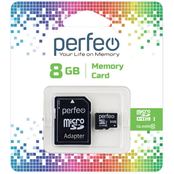 Карта памяти Perfeo microSDHC Class 10 8GB + адаптер PF8GMCSH10A
