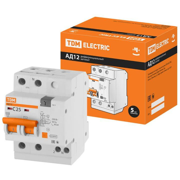 Дифференциальный автомат TDM АД12 2Р 25А 30мА SQ0204-0011