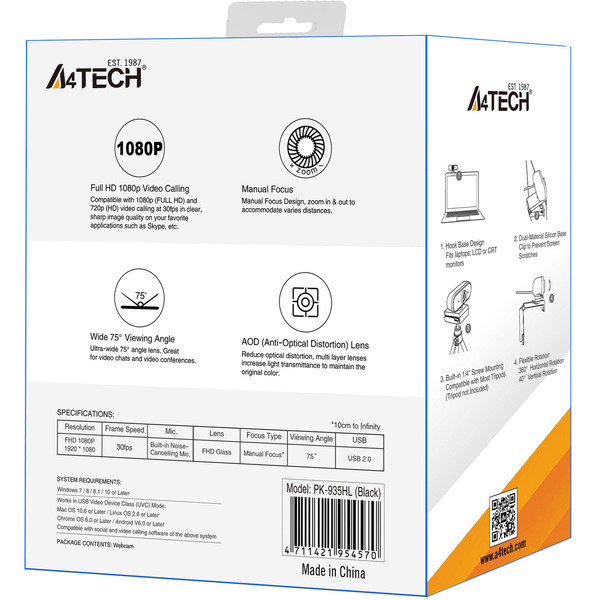 Веб-камера A4Tech PK-935HL черный