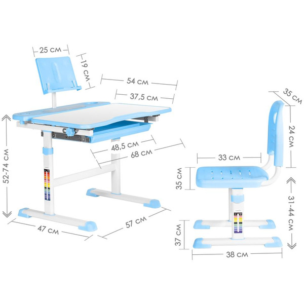 Парта+стул Anatomica Avgusta с выдвижным ящиком и подставкой (белый/голубой)