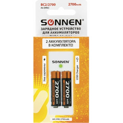 Зарядное устройство с аккумуляторами SONNEN  2 шт AA (HR6) 2700 mAh BC2, в блистере