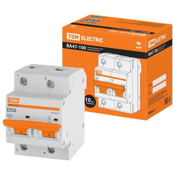 Выключатель автоматический TDM ВА 47-100 2Р 50А (D) 10кА SQ0207-0019