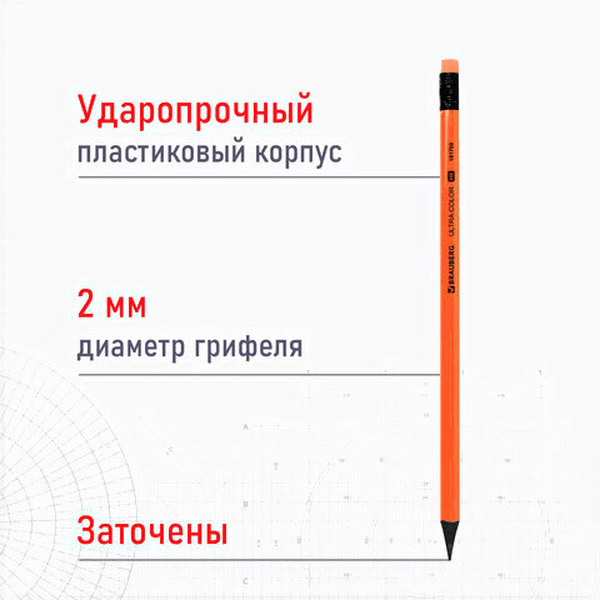 Набор карандашей чернографитных Brauberg ULTRA COLOR HB, с ластиком, пластиковые (181709) 4 шт