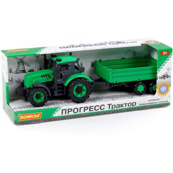 Трактор Полесье Прогресс с бортовым прицепом инерционный (зелёный) 91260