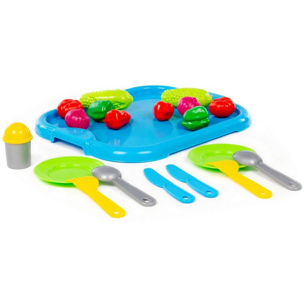 Набор детской посуды Полесье с голубым подносом и набором продуктов 71839 (19 элементов)