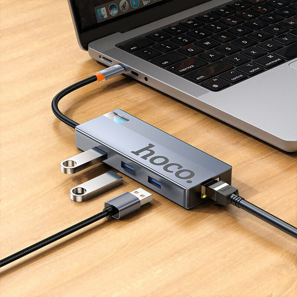 Док-станция для ноутбука Hoco HB51 6в1 Type-C - HDTV+RJ45+PD+USB3.0x3 (глубокий космический серый)