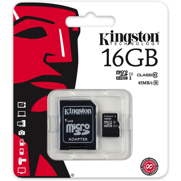 Карта памяти KINGSTON 16GB microSDHC + адаптер Class 10 (SDC10G2/16GB)