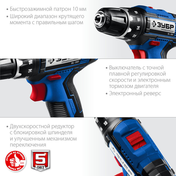Дрель-шуруповерт Зубр Профессионал DL-201-22 (с 2-мя АКБ 2 Ач, кейс)