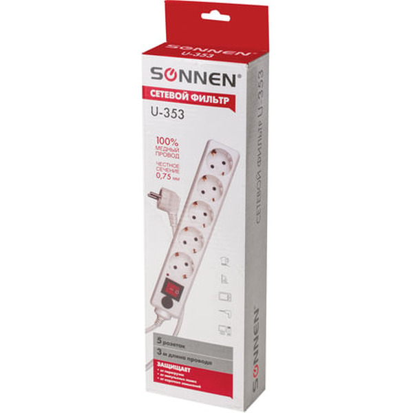 Сетевой фильтр SONNEN 511425 (5 розеток, 3м)