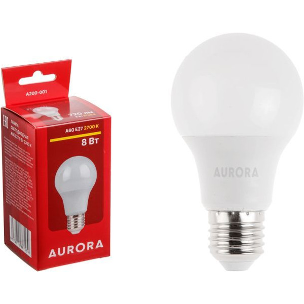 Лампа светодиодная AURORA СТАНДАРТ E27 A60  8Вт 230В  2700K (A200-001)