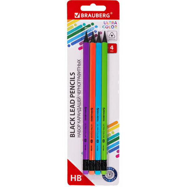 Набор карандашей чернографитных Brauberg ULTRA COLOR HB, с ластиком, пластиковые (181709) 4 шт