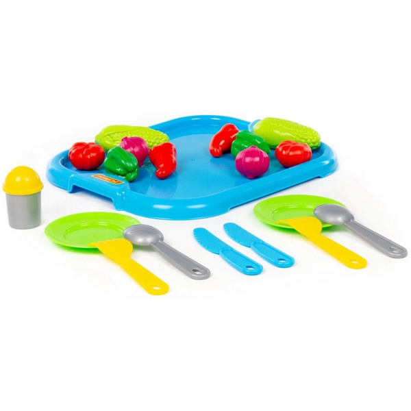 Набор детской посуды Полесье с голубым подносом и набором продуктов 71839 (19 элементов)