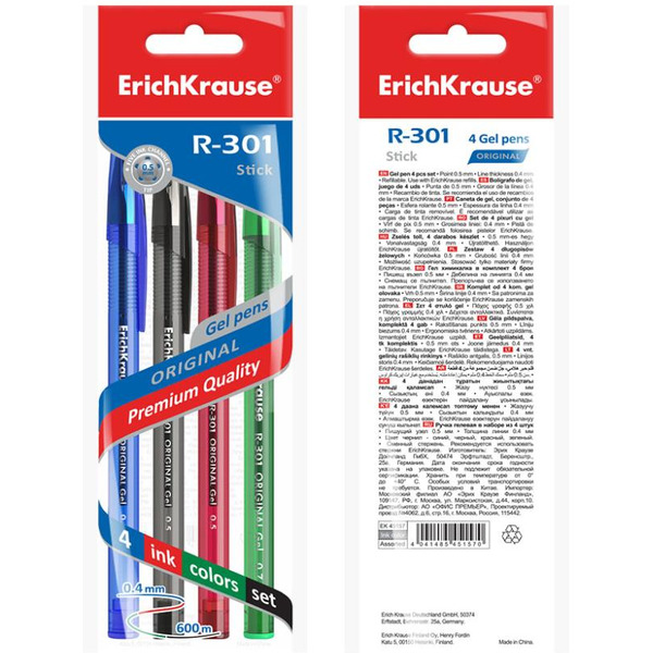 Набор гелевых ручек Erich Krause Gel Stick Original R-301 45157 (4 шт)