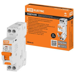 Дифференциальный автомат TDM АВДТ 63М 2P(1P+N) C25 30мА 4.5кА тип АС SQ0202-0062