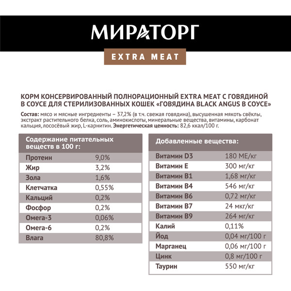 Консервированный корм для кошек Мираторг Extra Meat с говядиной в желе для стерилизованных кошек 80 г