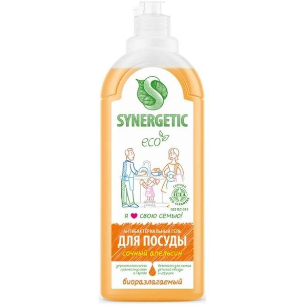 Средство для мытья посуды SYNERGETIC антибактериальное, гипоаллергенное, с ароматом апельсина, 1л (103105)
