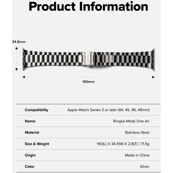 Ремешок RINGKE Metal One Air для Apple Watch 44 / 45 / 46 / 49 mm SILVER