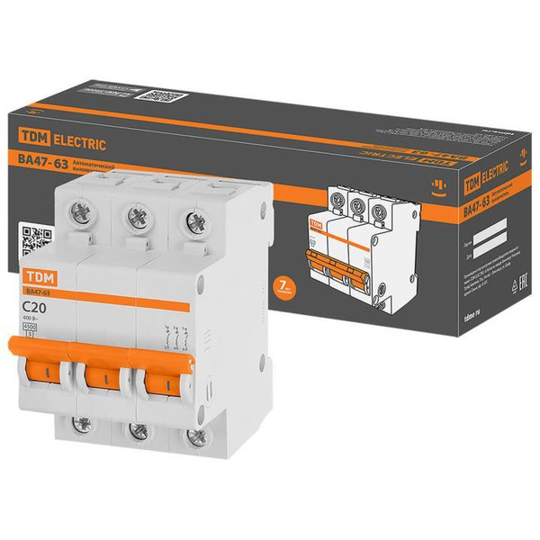 Выключатель автоматический TDM ВА 47-63 3Р 20А (С) 4.5кА SQ0218-0020