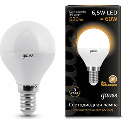 Лампа Gauss LED Globe 6.5W E14 3000K 105101107