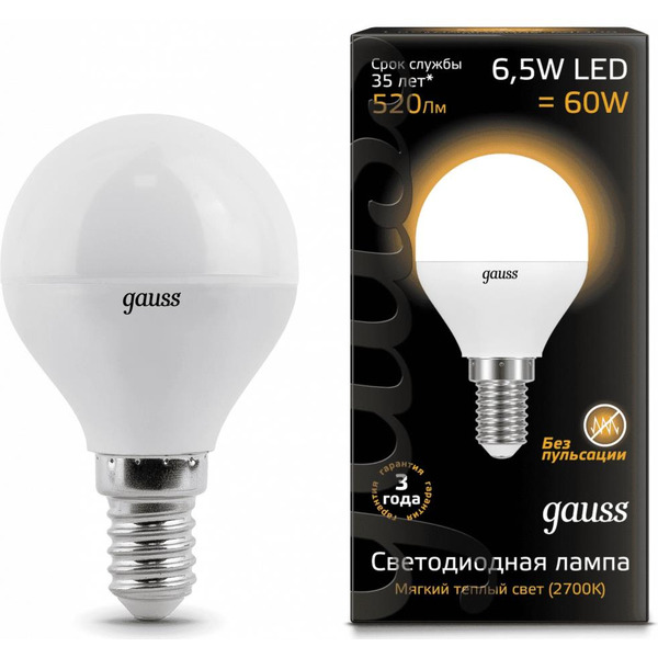 Лампа Gauss LED Globe 6.5W E14 3000K 105101107