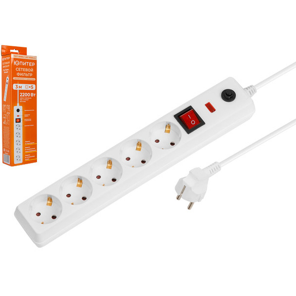 Фильтр сетевой Юпитер JP8501-01 3м, 5 роз. (белый)