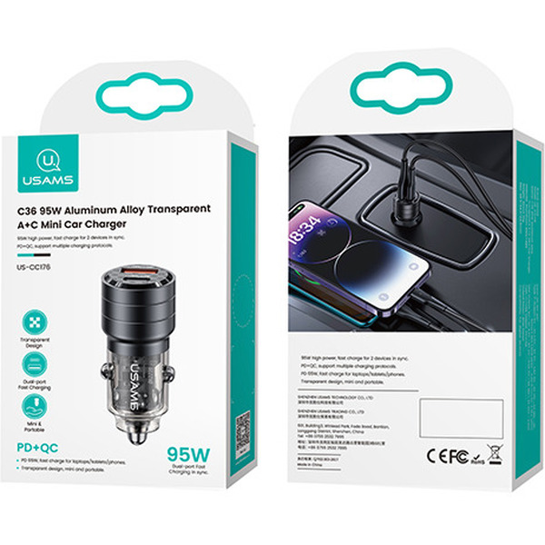 Автомобильное зарядное USAMS US-CC176 C36, 95W, 2USB (A+C), черный