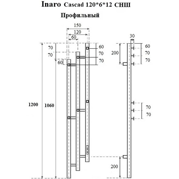 Полотенцесушитель Маргроид Ferrum Inaro 3 Cascade СНШ профильный 120х6х12 (графит, скрытого монтажа, таймер справа)