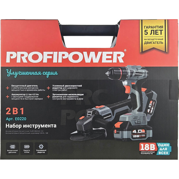 Набор инструментов Profipower E0220 (шуруповерт, болгарка, 2 АКБ, кейс)