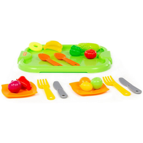 Набор детской посуды Полесье с зелёным подносом и набором продуктов 71815 (18 элементов)