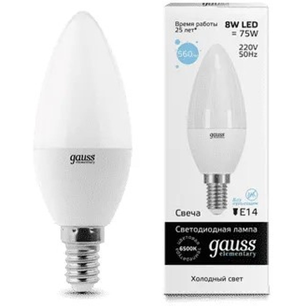 Лампа Gauss LED Elementary Свеча 8W E14 6500K 33138