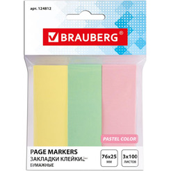 Закладки клейкие BRAUBERG 124812 (PASTEL COLOR, бумажные, 76*25 мм 3*100л., ассорти)