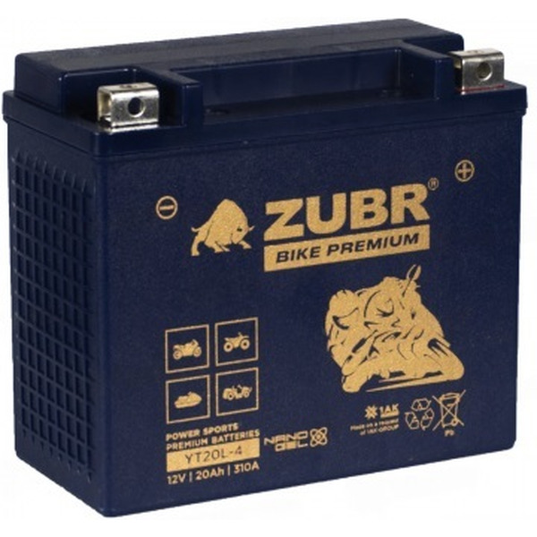 Мотоциклетный аккумулятор ZUBR Premium YT20L-4 R+ (20 А·ч)