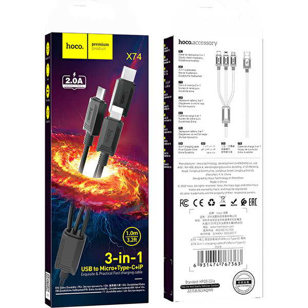 Кабель Hoco X74 USB Type-A - microUSB/USB Type-C/Lightning (1 м, черный)