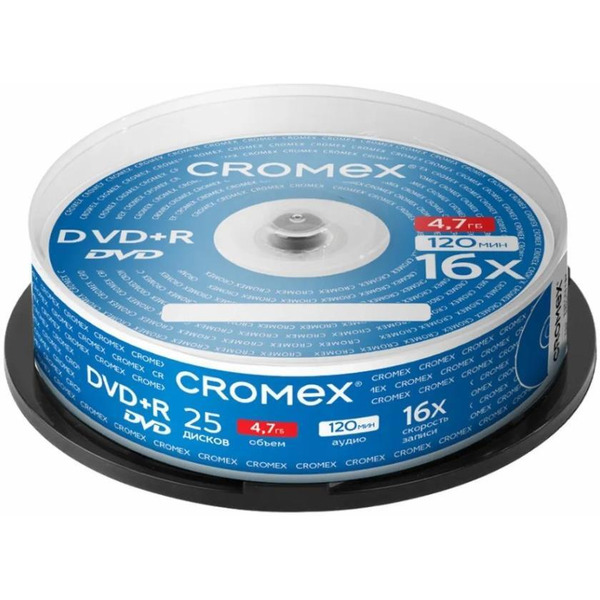Диски CROMEX DVD+R (плюс), 4,7 Gb, 16x, КОМПЛЕКТ 25 шт.