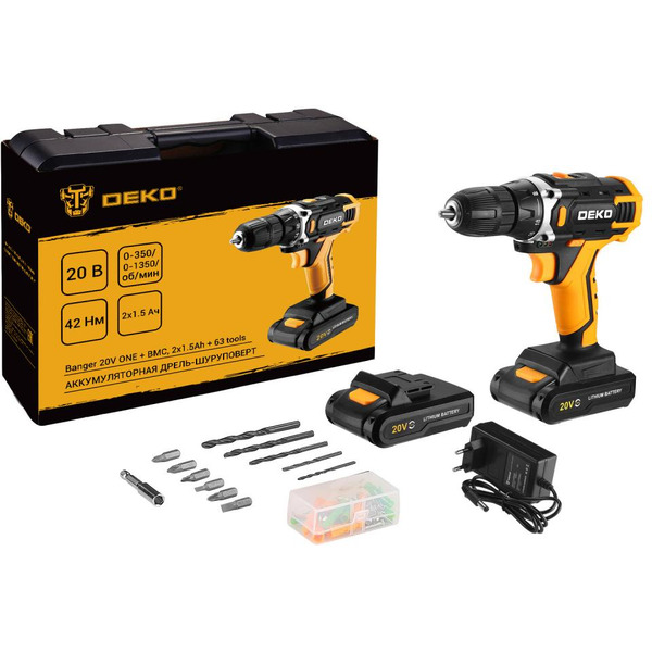 Дрель-шуруповерт аккумуляторная DEKO Banger 20V ONE + SET 63 083-1043 (с 2-мя АКБ, кейс)