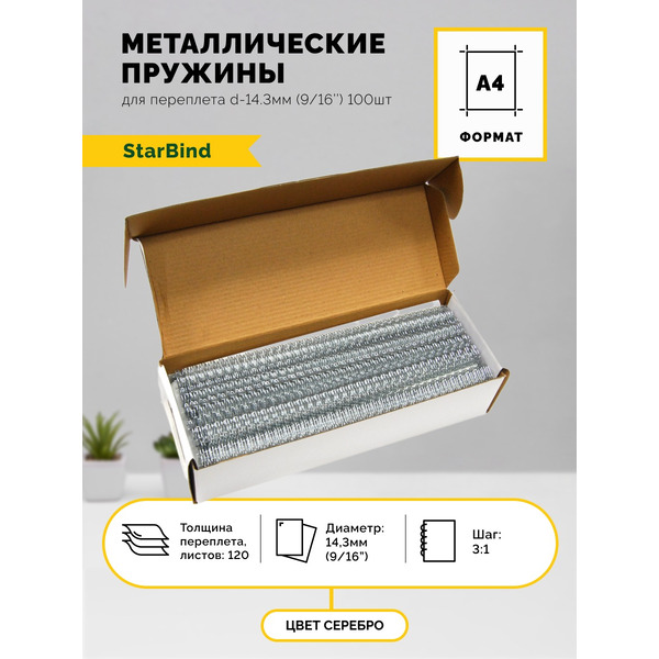 Металлические пружины STARBIND в нарезке 3:1 9/16 14,3 мм серебрянные 100шт./ TRW143SlSB