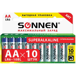 Батарейки SONNEN 10шт, Super Alkaline, АА (LR6,15А)