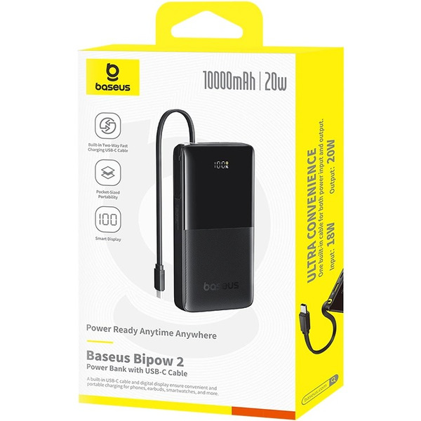 Внешний аккумулятор Baseus Bipow 2 Digital Display Power Bank With Built-in USB-C Cable 10000mah 20W (черный)