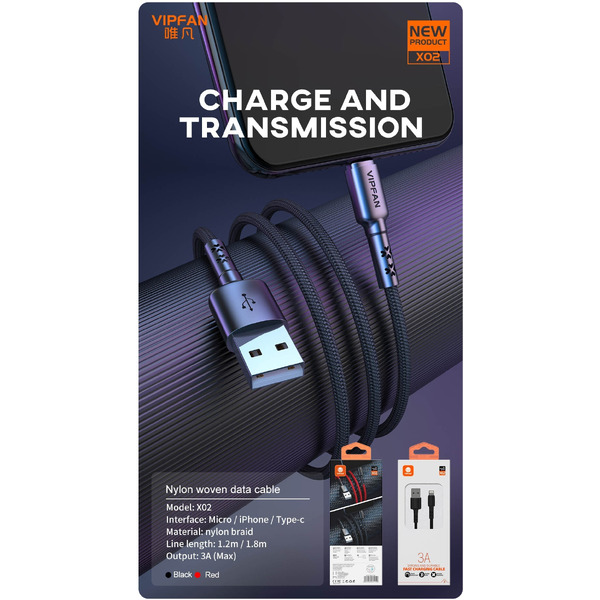 Кабель VIPFAN X02 USB-MicroUSB 3A 1.8 м (черный)
