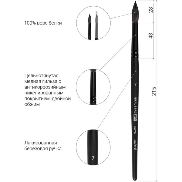 Кисть художественная профессиональная BRAUBERG Art Classic Белка 7 200913 (круглая)