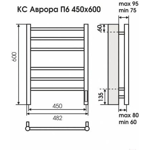 Полотенцесушитель TERMINUS Аврора П6 450x600 бп электро КС 9005 матовый)