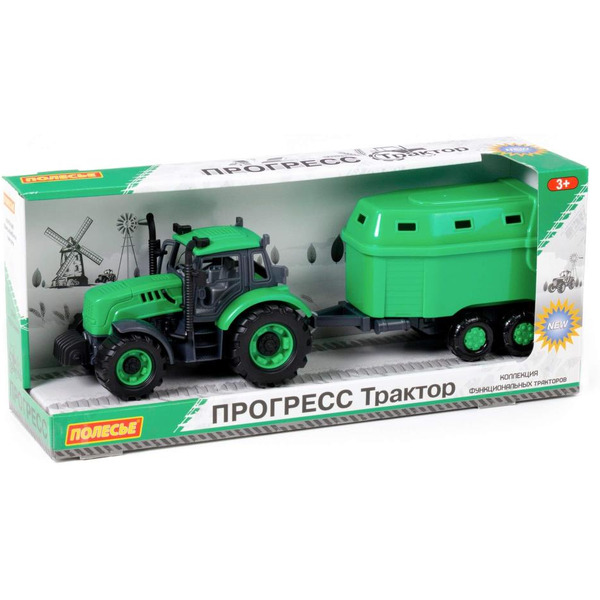 Трактор Полесье Прогресс с прицепом для перевозки животных инерционный (зелёный) 91482